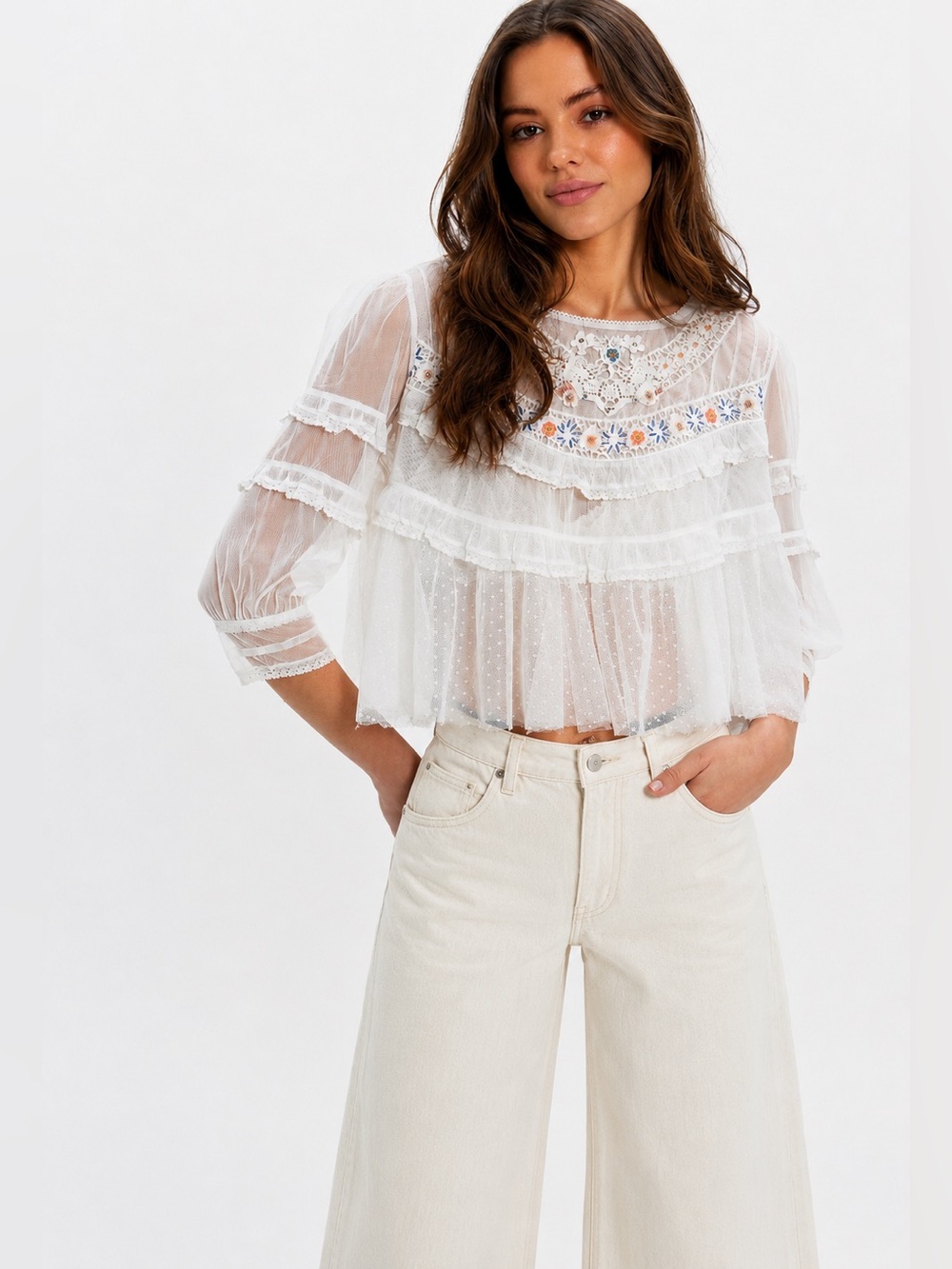 Free People Daisy Daze Blouse White Embroidered Sheer Mesh Ruffle Top M